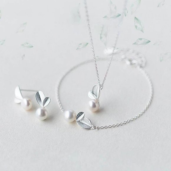 NEW [Set of 3] 925 Sterling Silver Pearl Leaf Set - Picture 1 of 8